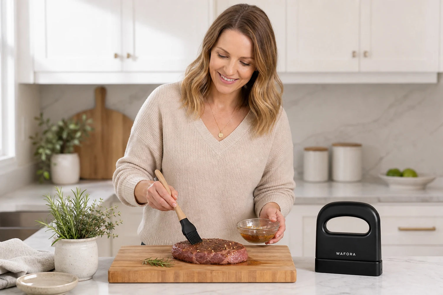 Emma brushing marinade onto steak beside a covered black WAFORA TenderPress meat tenderizer
