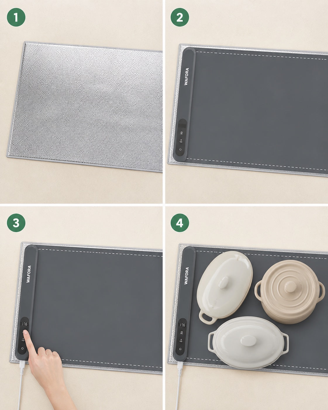 Four-step setup sequence for the WAFORA food warming mat