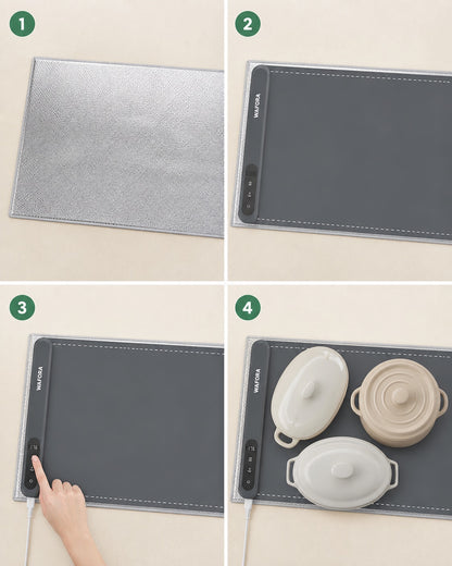 Four-step setup sequence for the WAFORA food warming mat