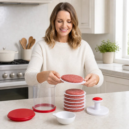 Emma revealing a uniform patty and stacking it with white separator disks