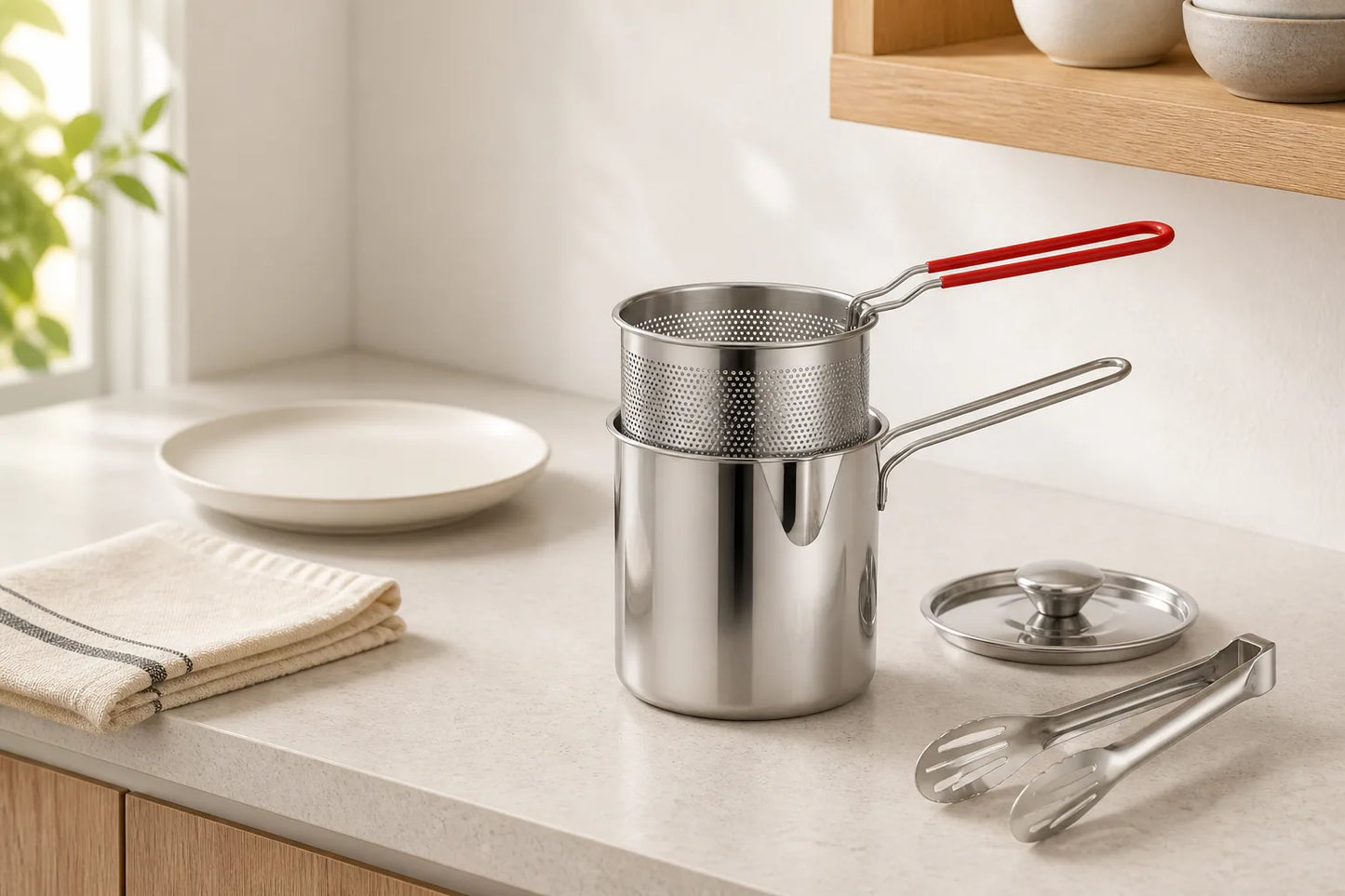 Compact WAFORA Mini Fryer set beside a dinner plate on a small kitchen counter