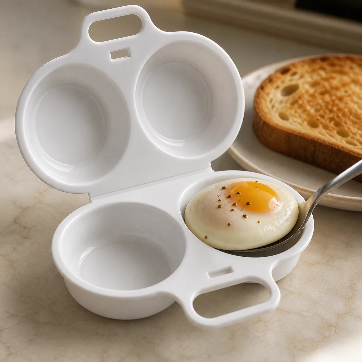 Finished egg being lifted with a spoon from the WAFORA PoachLift Duo egg cup