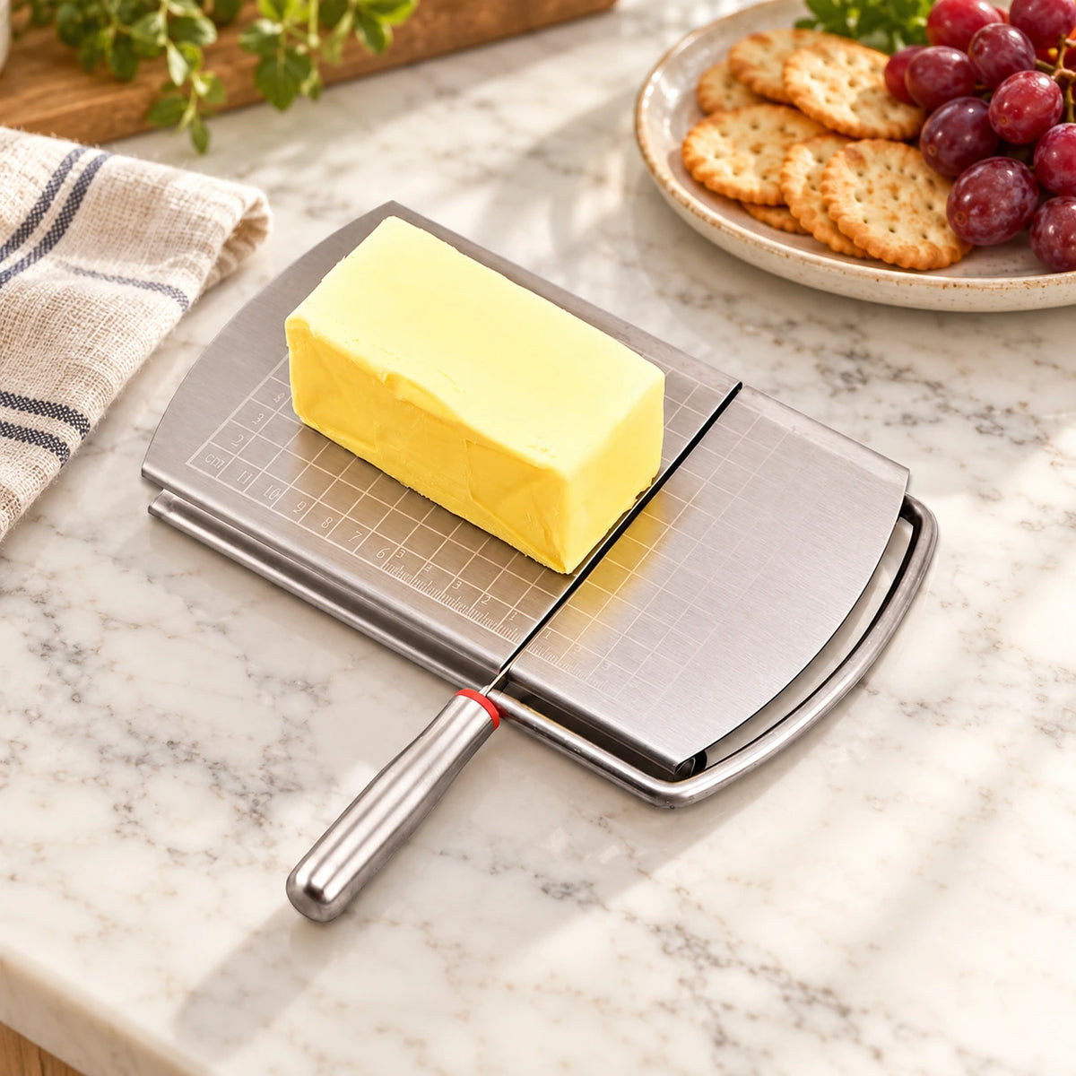 SliceBoard with a cheese block beside crackers and grapes for snack preparation