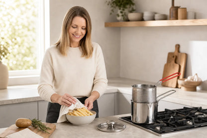 Emma drying potato sticks beside the WAFORA Mini Fryer before cooking