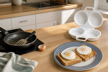 Used stovetop pan beside a clean WAFORA PoachLift Duo and two finished eggs on toast