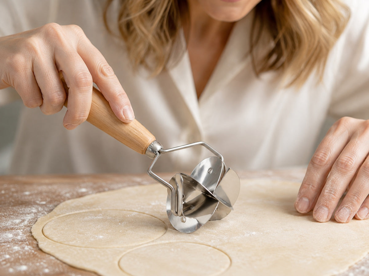 Close-up of hands guiding the WAFORA dumpling wrapper cutter across evenly rolled dough