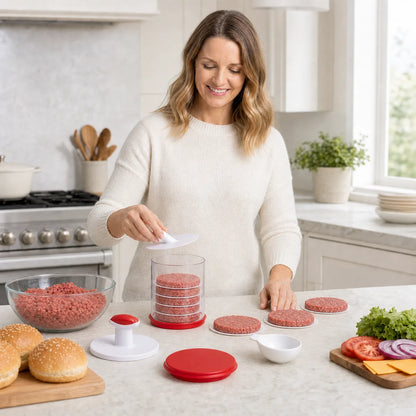 Emma batch-preparing uniform burger patties with the WAFORA PattyPress system