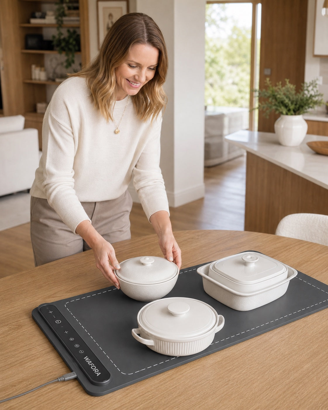 WAFORA™ TableWarm XL roll-up food warming mat being used to hold three dishes on a wooden table.