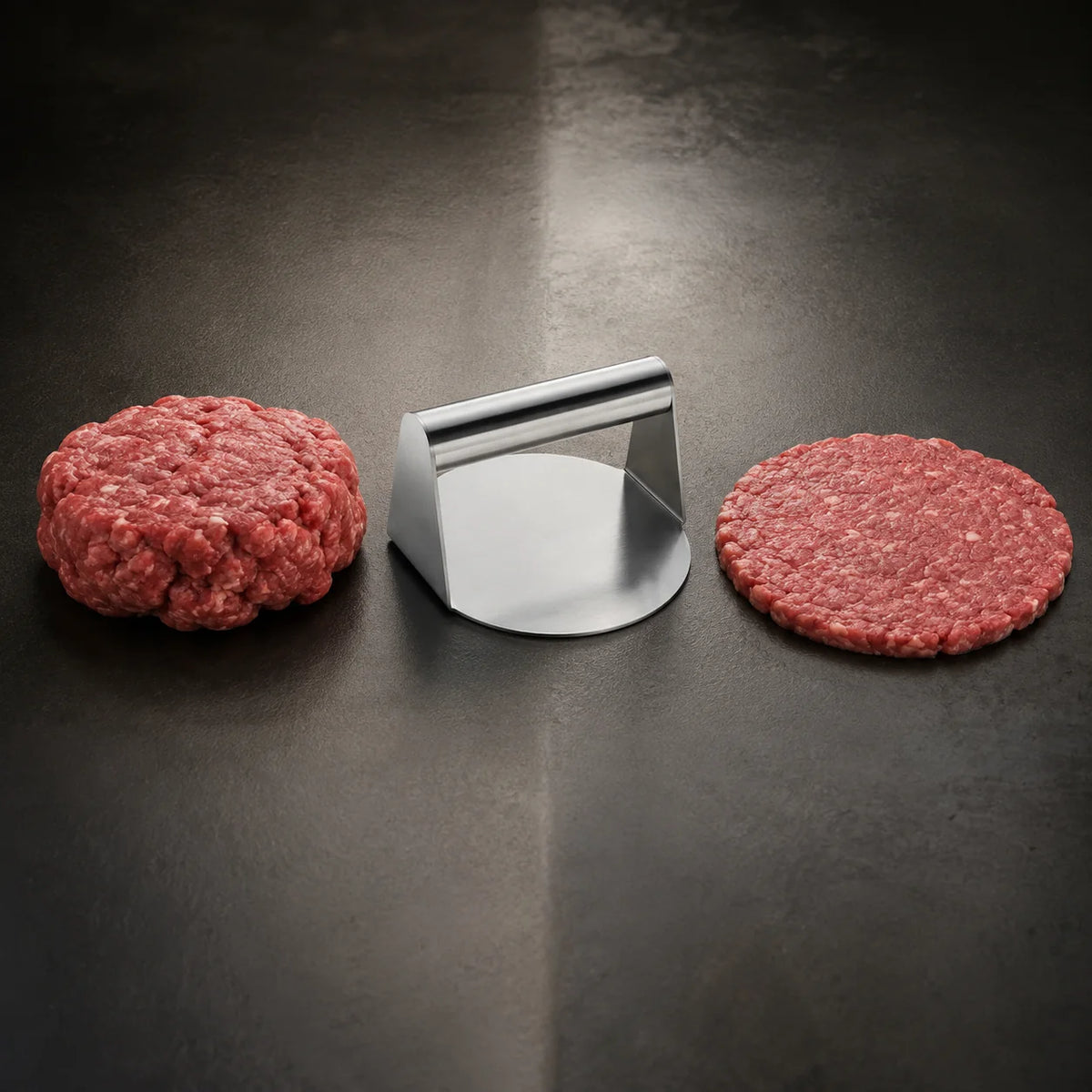 Thick hand-shaped patty compared with a thin evenly smashed burger patty