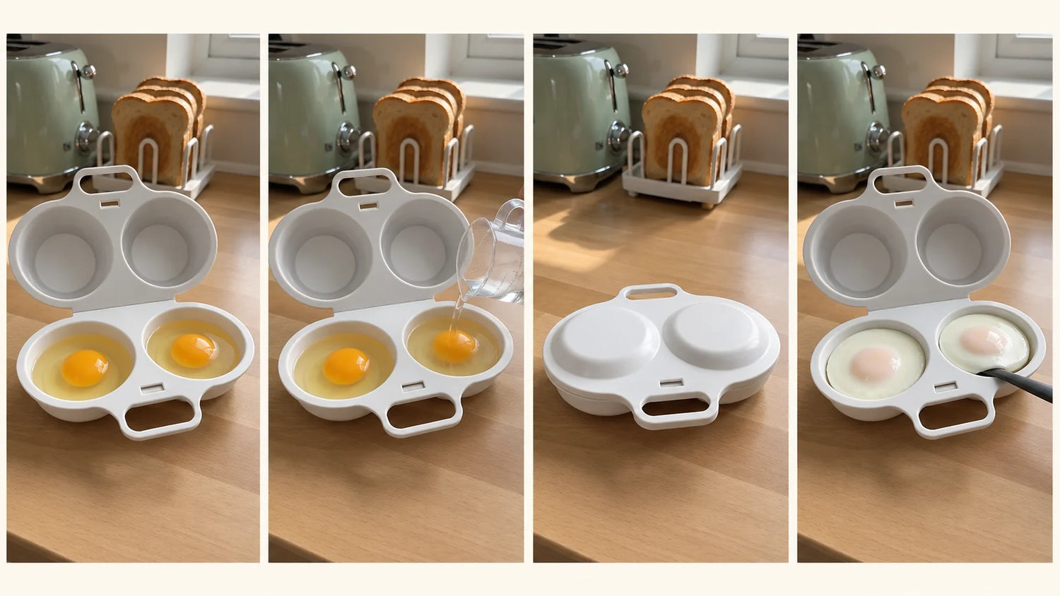 Four-step visual showing the WAFORA PoachLift Duo opened, filled, closed and holding finished eggs
