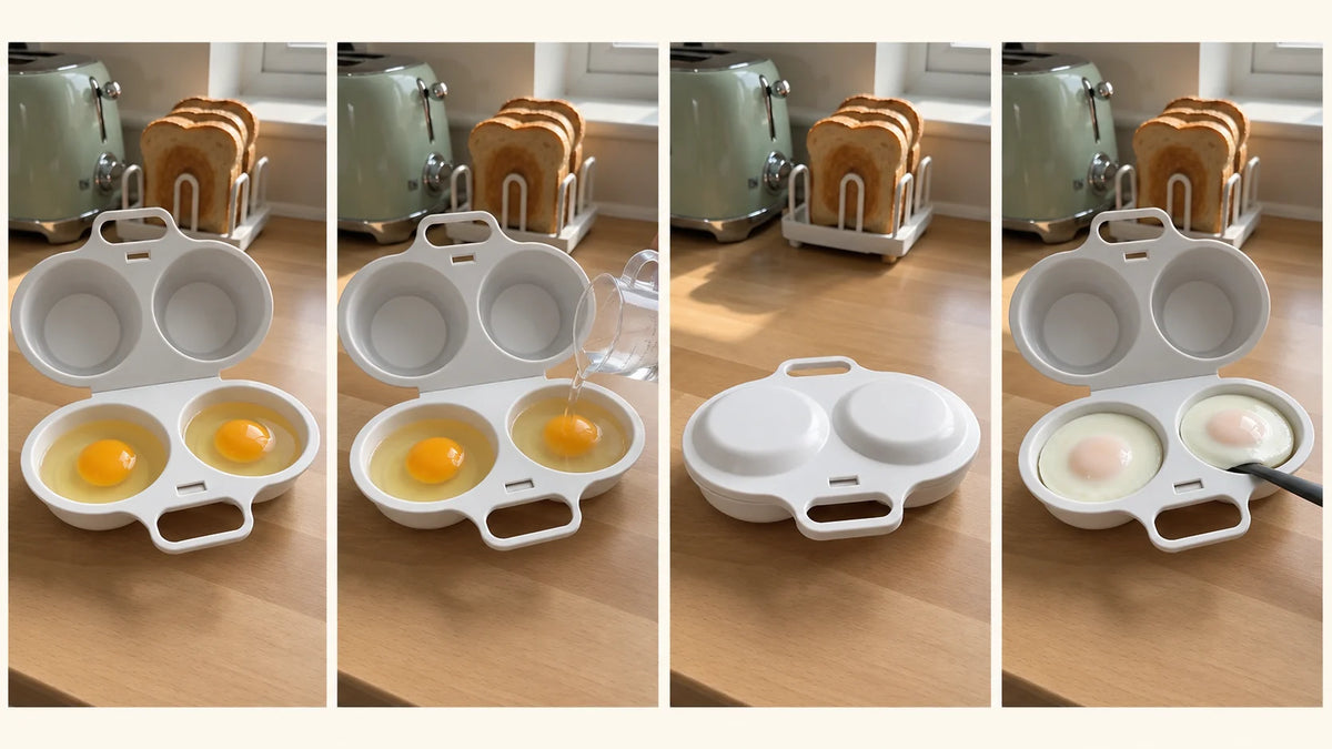 Four-step visual showing the WAFORA PoachLift Duo opened, filled, closed and holding finished eggs
