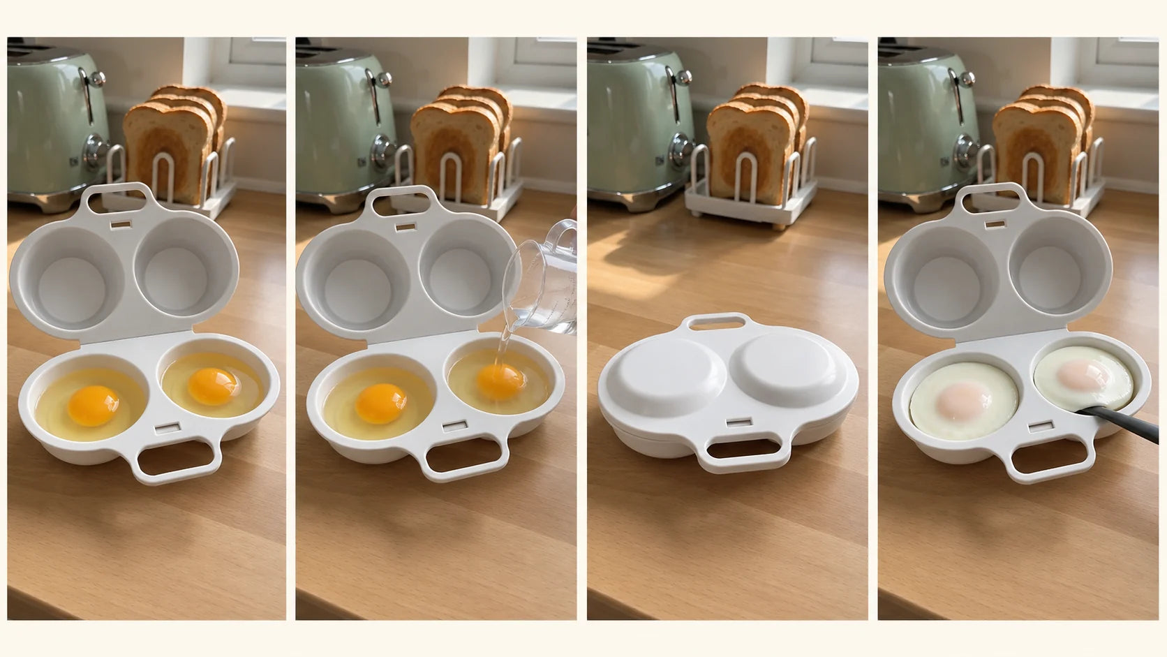 Four-step visual showing the WAFORA PoachLift Duo opened, filled, closed and holding finished eggs