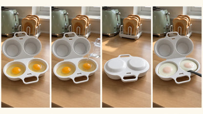 Four-step visual showing the WAFORA PoachLift Duo opened, filled, closed and holding finished eggs