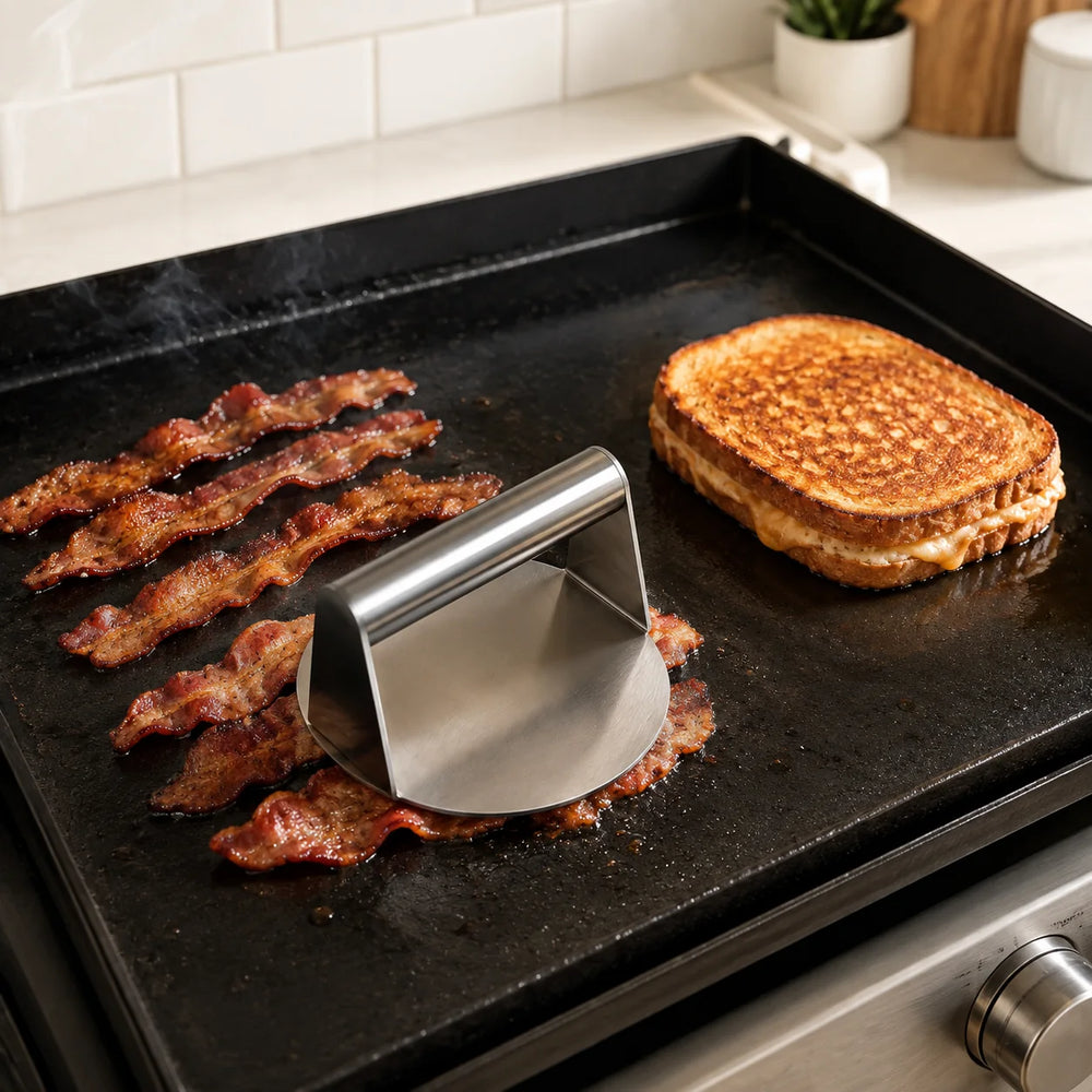 WAFORA SmashPress fir Speck ze preparéieren nieft engem grilléierte Sandwich op enger Plackplack-Grillplaat
