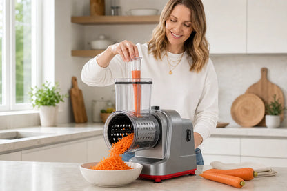Emma operating WAFORA PrepFlow as shredded carrot falls into a bowl