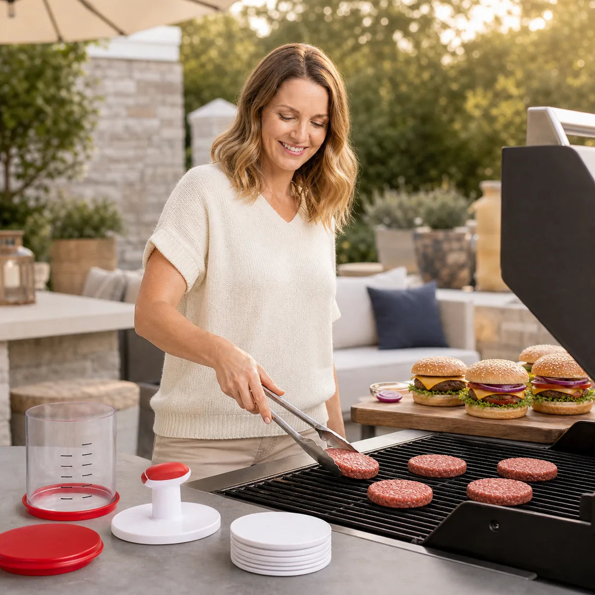 Emma placing uniform prepared patties on a grill with WAFORA PattyPress nearby