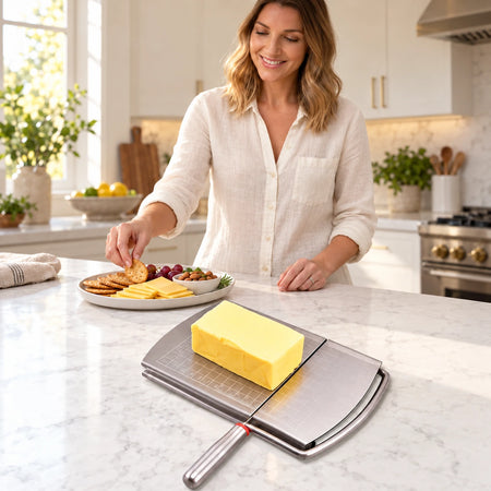 Emma Carter arranging a snack plate beside SliceBoard in a modern home kitchen