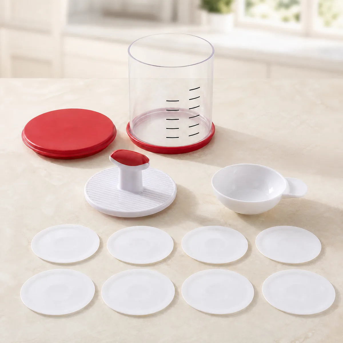 WAFORA PattyPress complete set with clear container, two red lids, press, scoop and eight disks