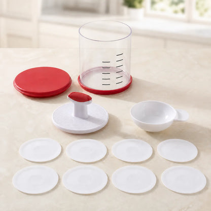 WAFORA PattyPress complete set with clear container, two red lids, press, scoop and eight disks