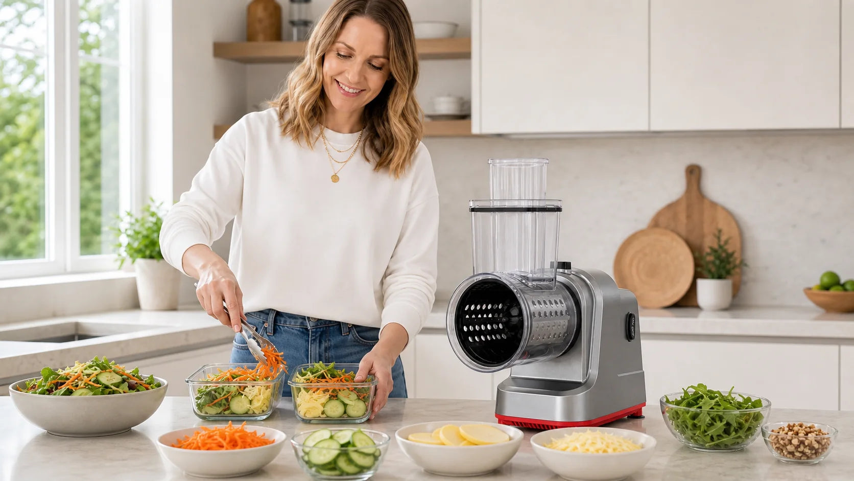 Emma stellt neben WAFORA PrepFlow ordentlich vorbereitete Meal-Prep-Schalen zusammen