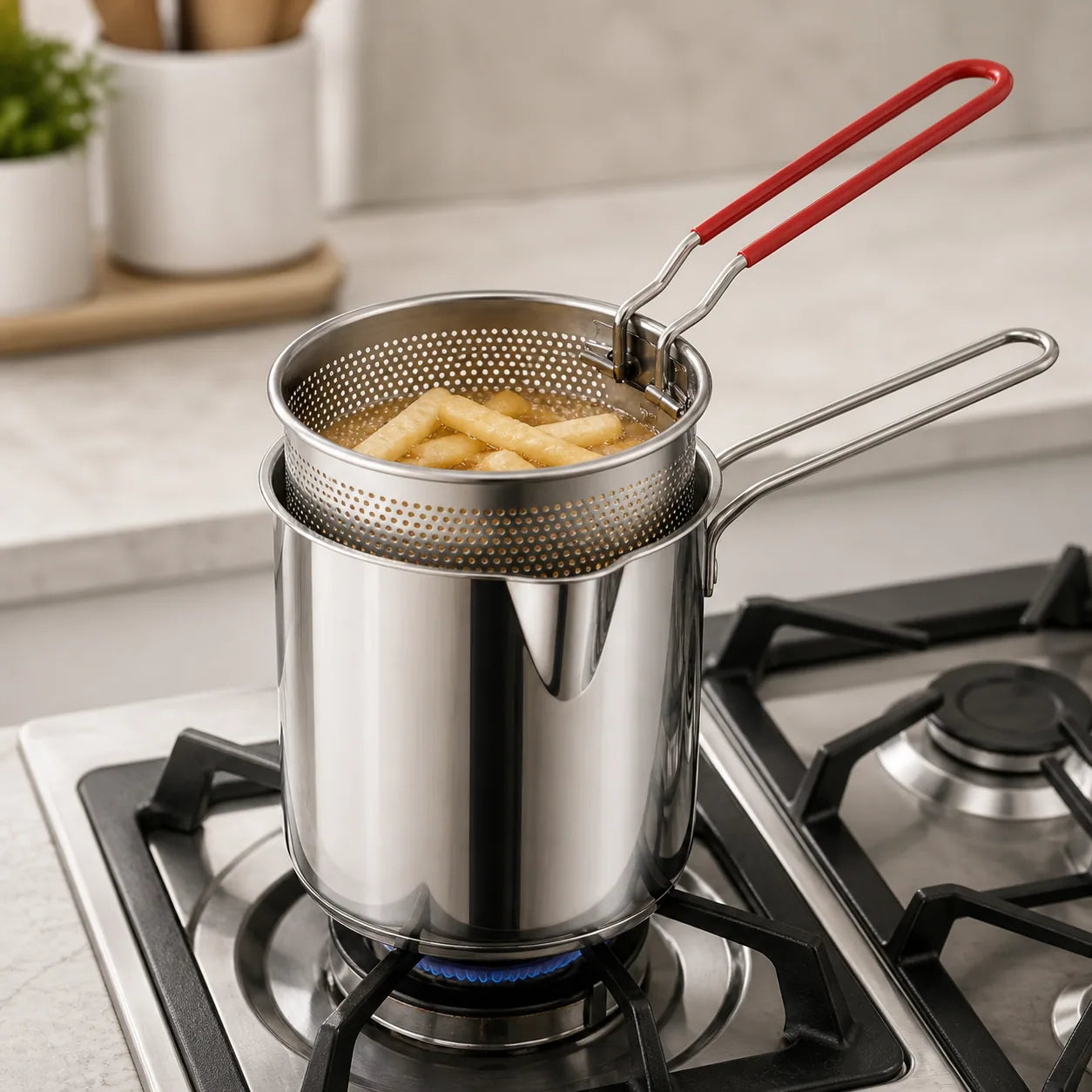 Small batch of fries cooking in the WAFORA Mini Fryer on a gas stovetop