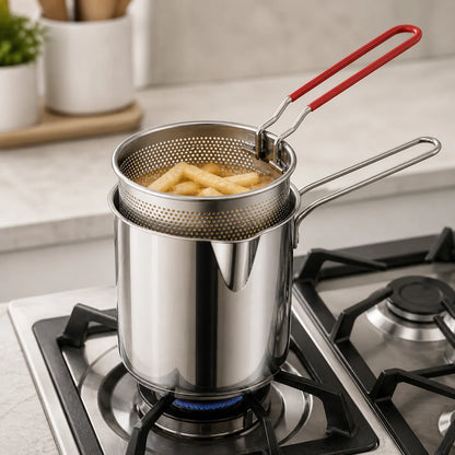 Small batch of fries cooking in the WAFORA Mini Fryer on a gas stovetop