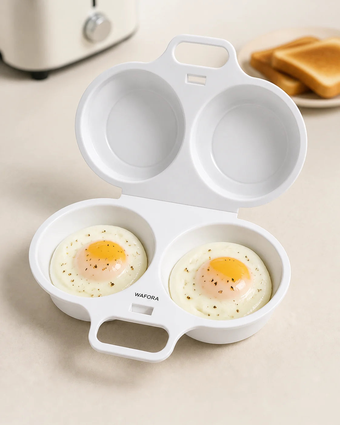 Two finished eggs side by side in the open WAFORA PoachLift Duo microwave egg cooker