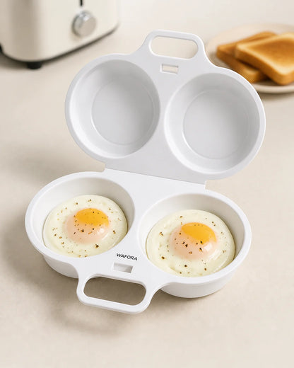 Two finished eggs side by side in the open WAFORA PoachLift Duo microwave egg cooker