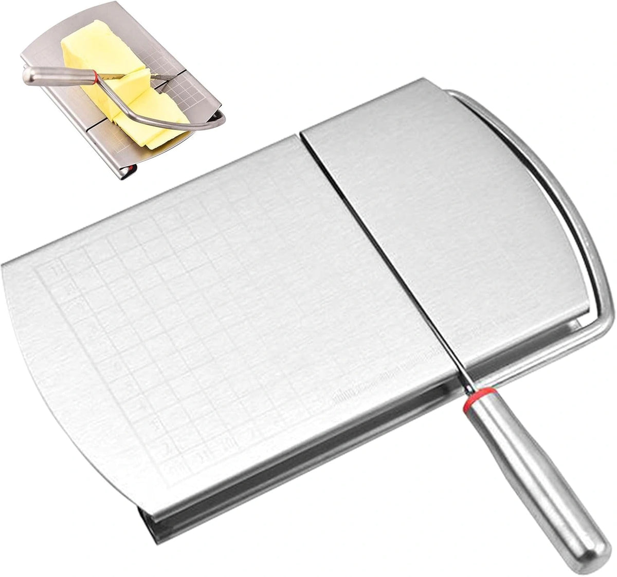 One assembled cheese slicer shown closed with a small inset demonstrating the same slicer in use
