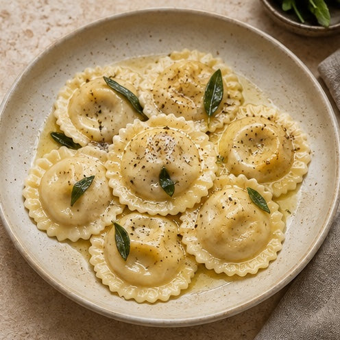 Round homemade ravioli arranged on a lightly floured surface