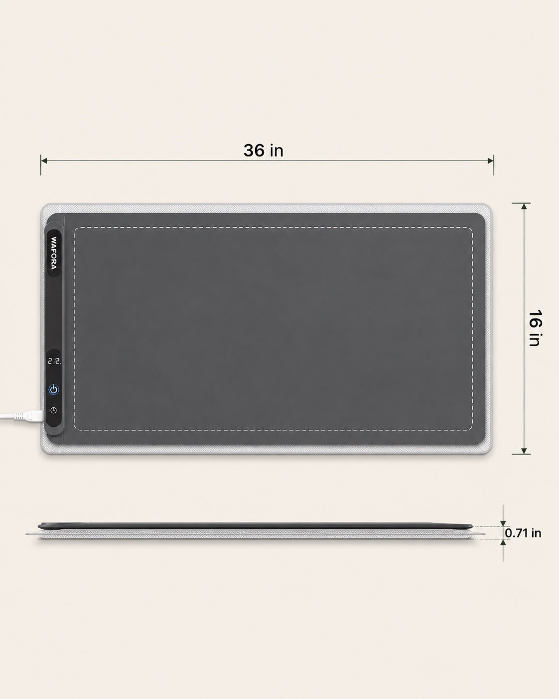 Top-down size view of the 36 by 16 inch WAFORA warming mat