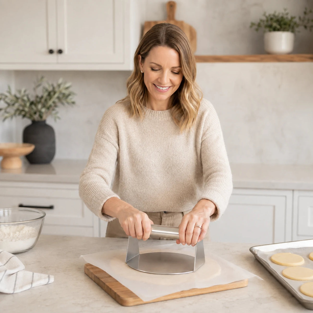 Emma using WAFORA SmashPress to flatten pastry dough between parchment in a modern kitchen