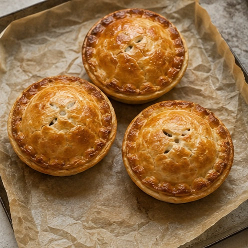 Golden mini pies prepared from small round pastry pieces