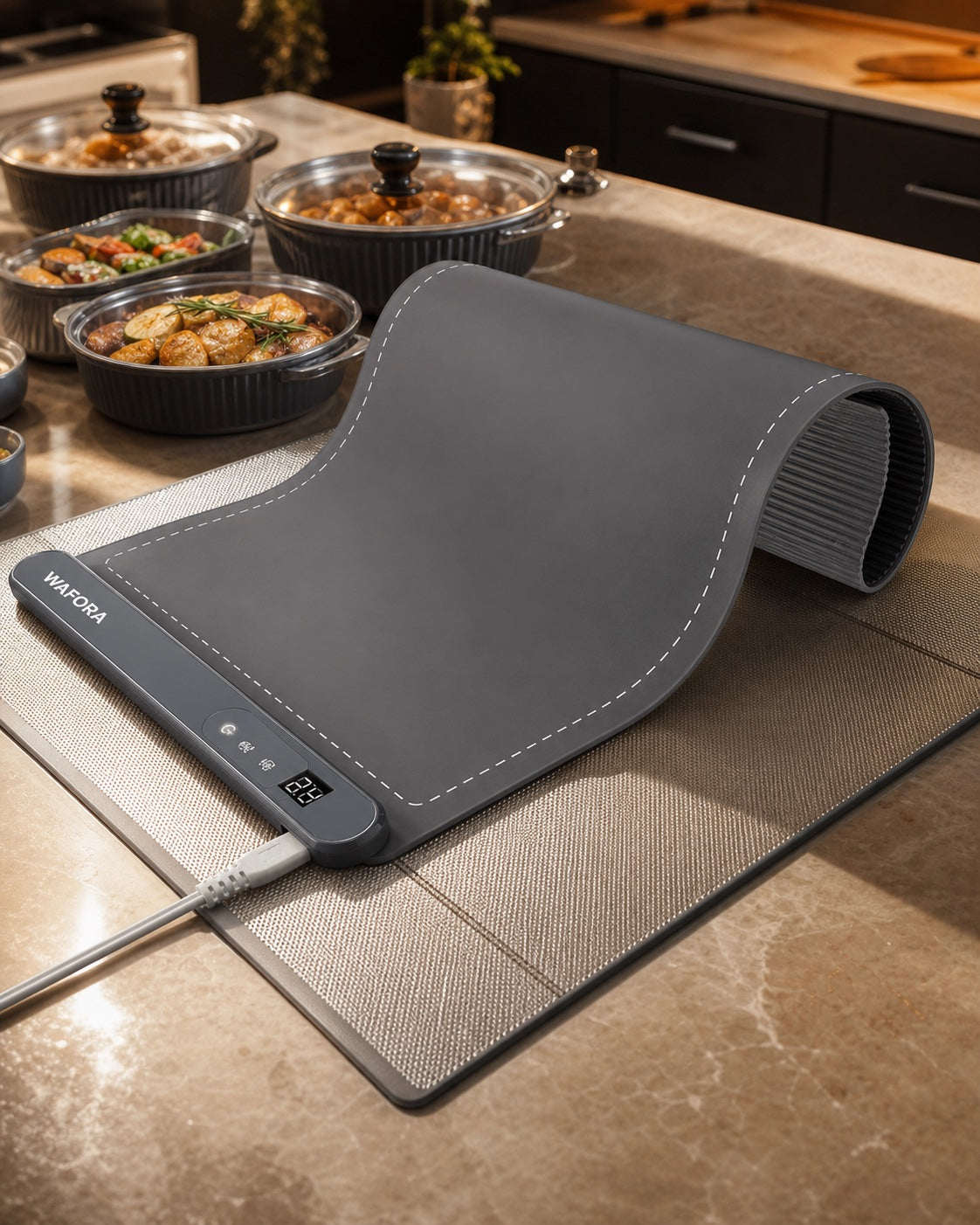 Rolled and unrolled WAFORA TableWarm XL in premium product photography