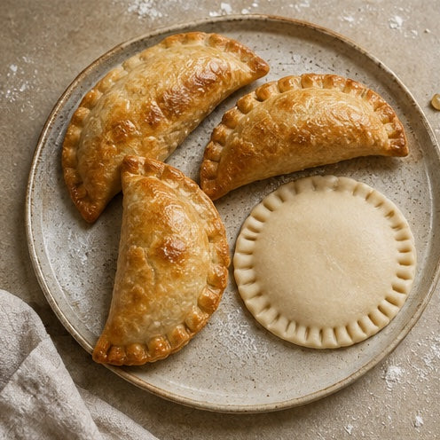 Freshly baked filled pastries made from round dough pieces