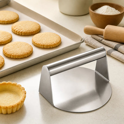 WAFORA SmashPress beside evenly shaped baked pastry rounds and a tart shell