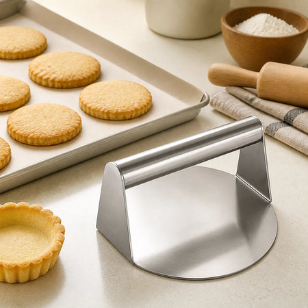 WAFORA SmashPress beside evenly shaped baked pastry rounds and a tart shell