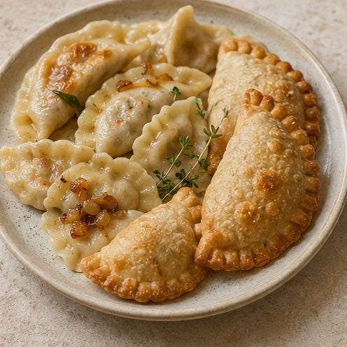 Assorted homemade filled dough recipes served on neutral tableware