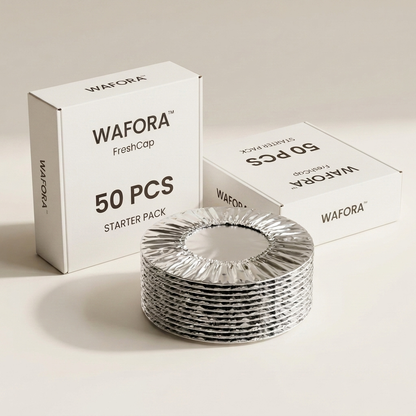 WAFORA FreshCap dietary supplement 50 PCS Starter Pack with foil covers stacked.