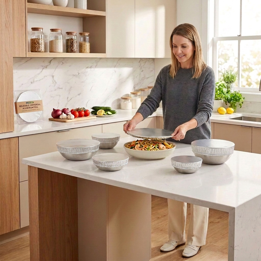 Woman preparing a healthy meal in a modern kitchen featuring WAFORA FreshCap dietary supplement products.
