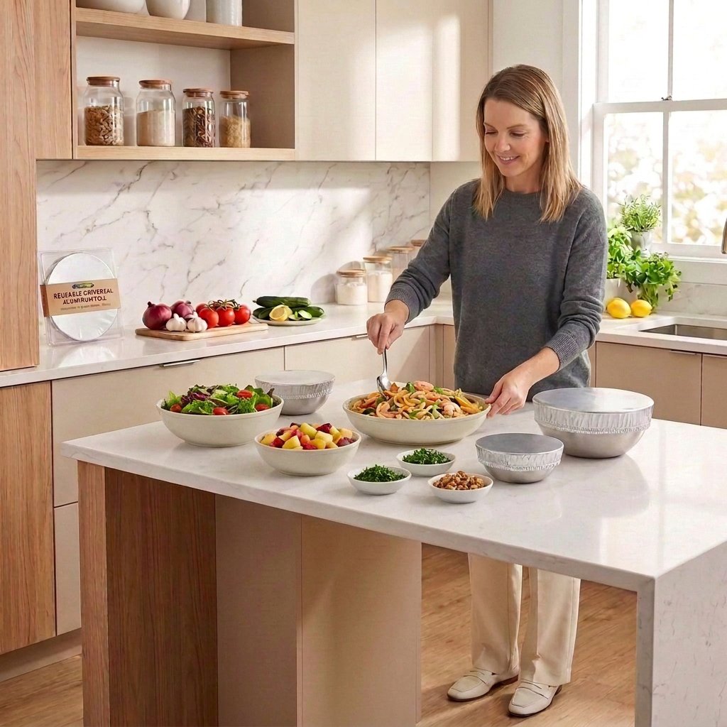 Woman preparing healthy meals with WAFORA FreshCap dietary supplement on a kitchen island.