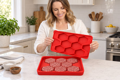 Emma preparing eight hexagonal burger patties with the red WAFORA BurgerBatch press in a bright kitchen.
