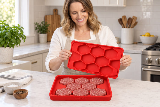 Emma preparing eight hexagonal burger patties with the red WAFORA BurgerBatch press in a bright kitchen.