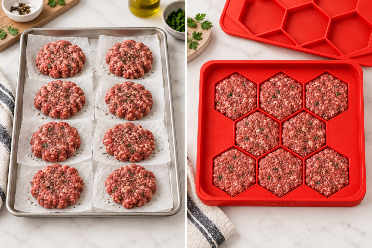 Hand-shaped burgers and individual wrapping beside eight organized patties in WAFORA BurgerBatch.