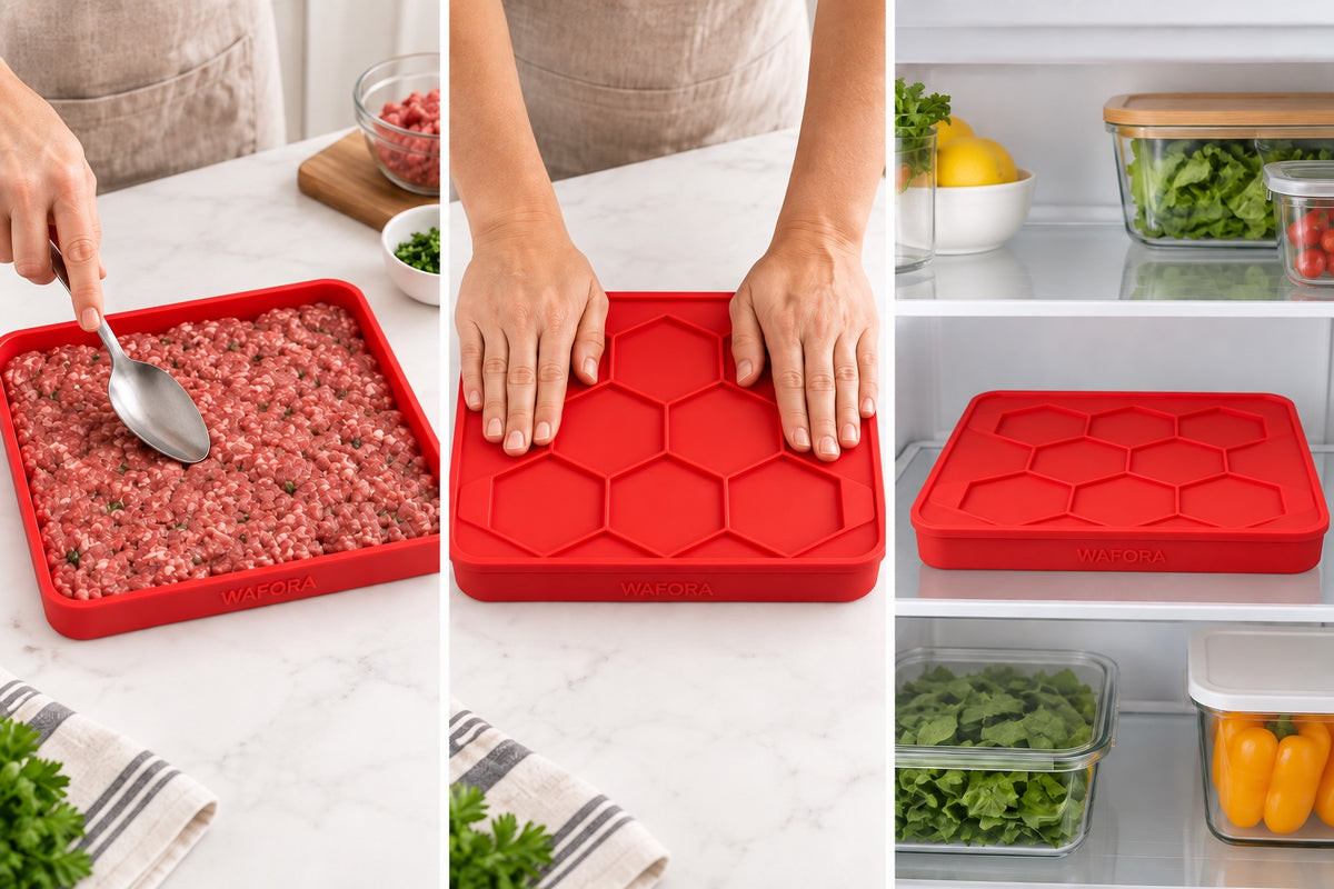 Three views demonstrating filling, pressing and storing the WAFORA BurgerBatch tray.