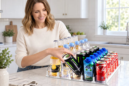Emma reaching for a can from the five-lane WAFORA drink organizer on a bright kitchen counter