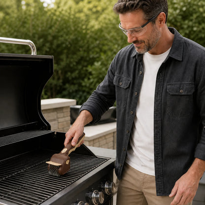 Man wearing eye protection guiding the cordless grill brush across a cool grill grate.