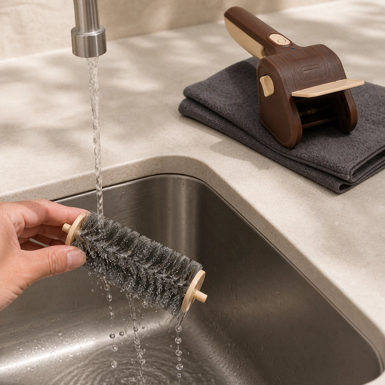 Removable stainless-steel head rinsed separately while the powered housing stays dry.