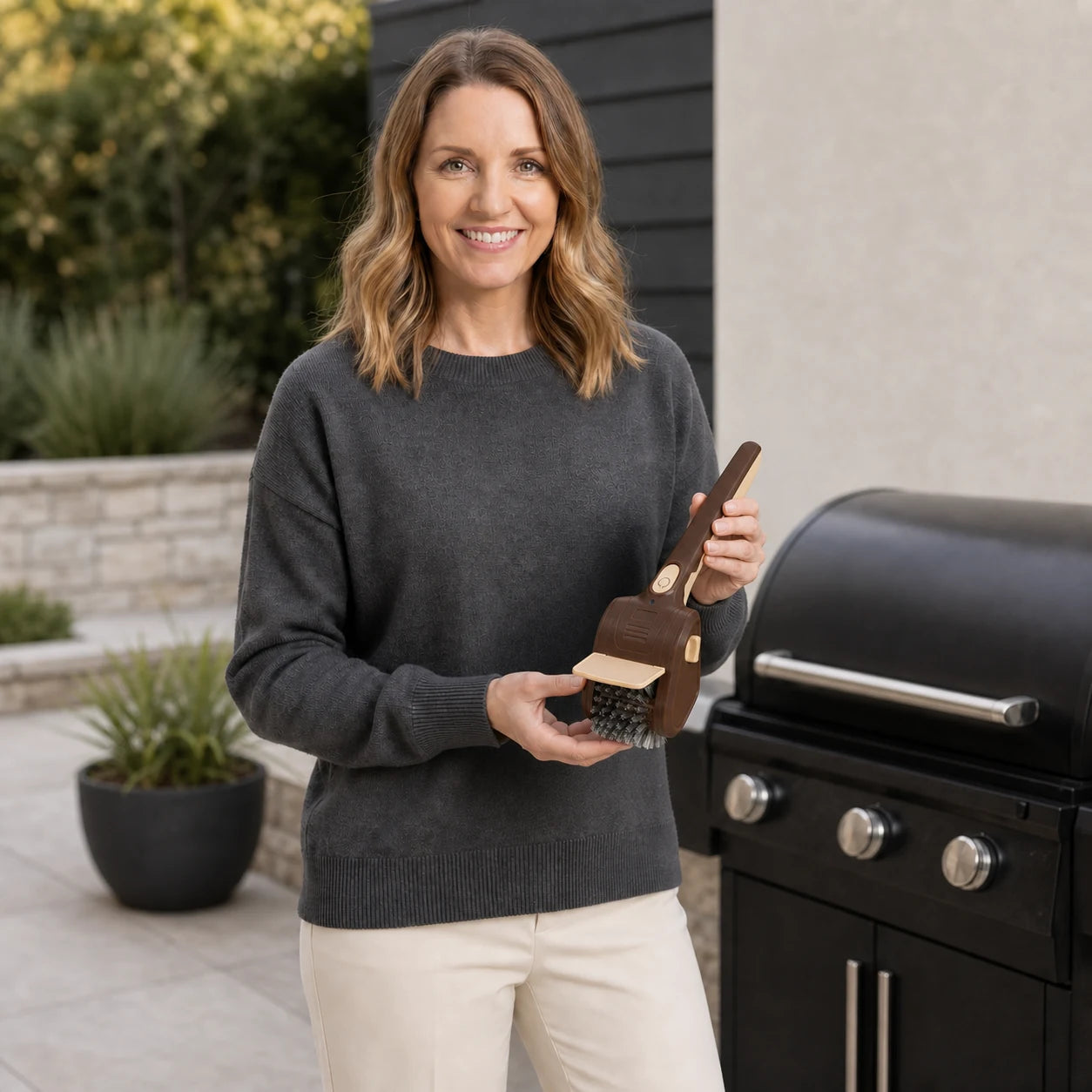 Emma presenting the compact WAFORA cordless grill brush beside a closed outdoor grill.