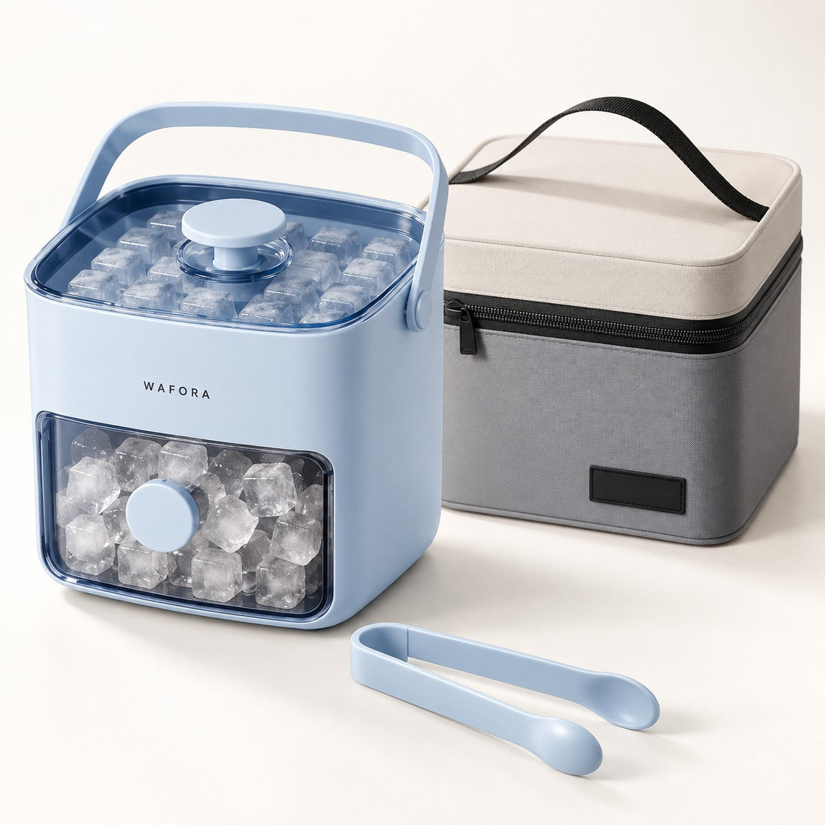 Light-blue WAFORA IcePress set with clear storage drawer, serving tongs and zip carry bag